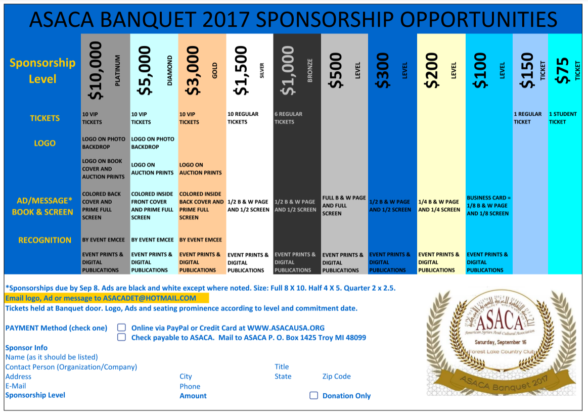 2017 ASACA Banquet Sponsorship and tickets levels